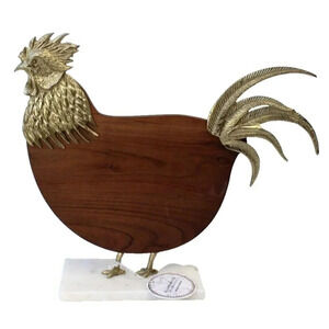 New Retro Farmhouse Wood Gold Metal W/ Marble Base Rooster Chicken Room Decor